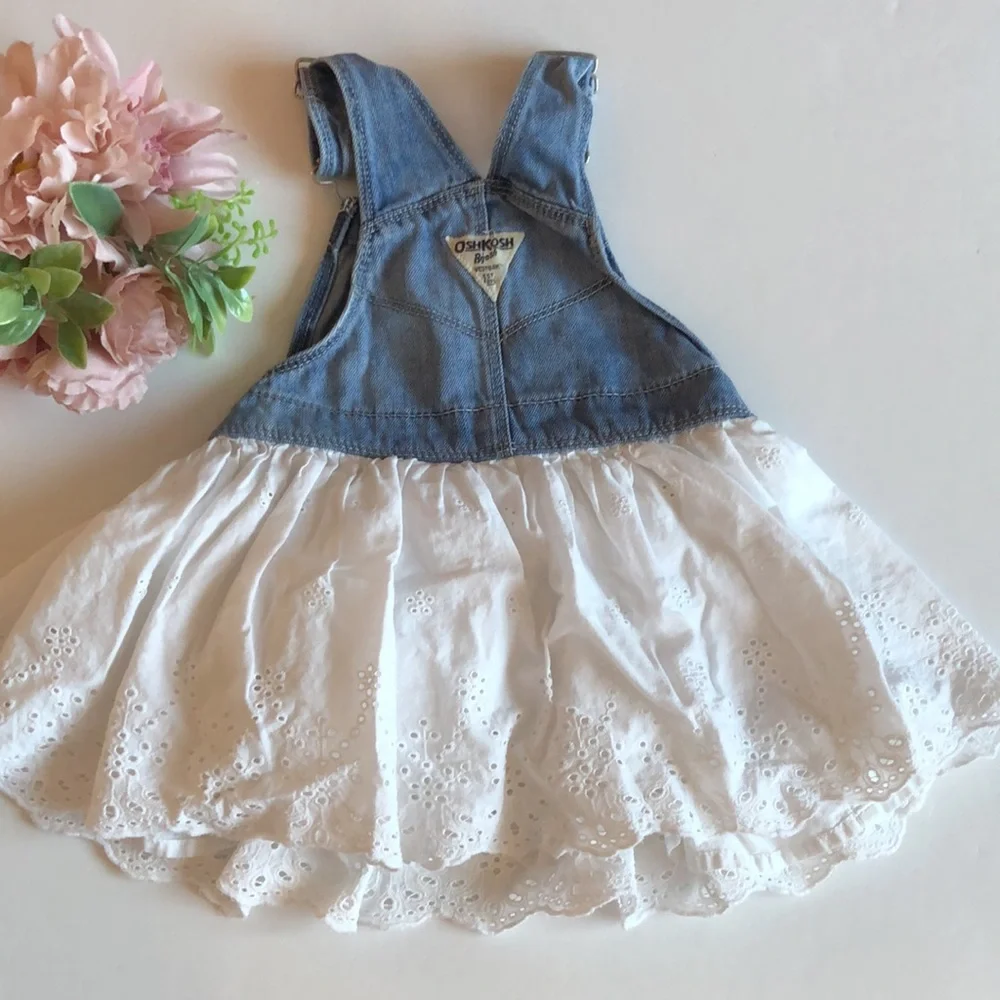 Osh Kosh Girl Bib Overalls Denim Dress Jumper White Eyelet Lace skirt 24M
